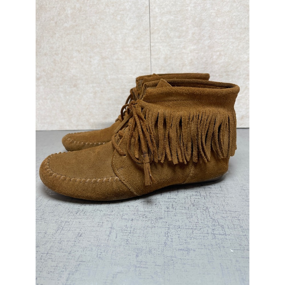 Minnetonka Lace Up Fringe Ankle Boots Brown Suede Moccasin Booties 7.5 Boho